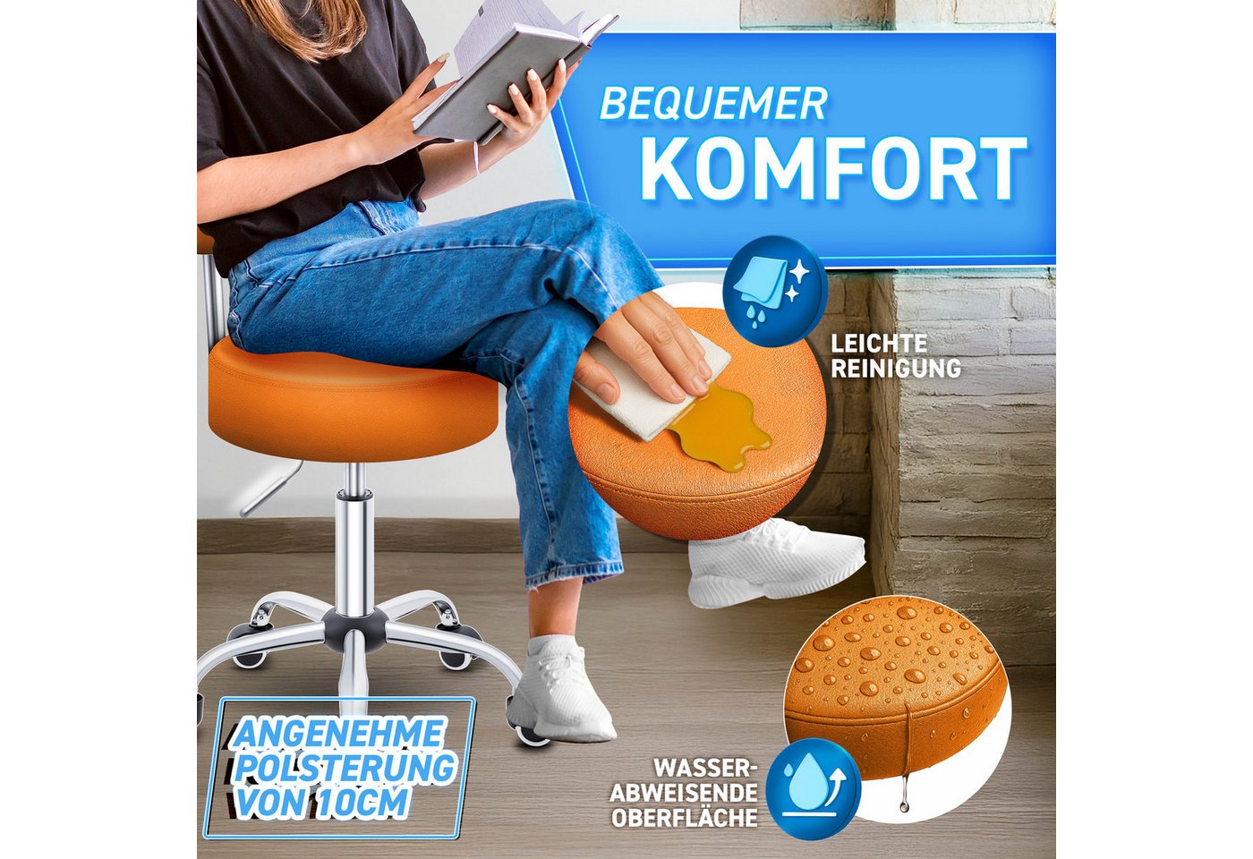 TRESKO Drehhocker Rollhocker mit Lehne, Arbeitshocker höhenverstellbar 46-58 cm, Bürostuhl mit Rollen Hocker Drehstuhl Kosmetikhocker – Bild 3 von 5