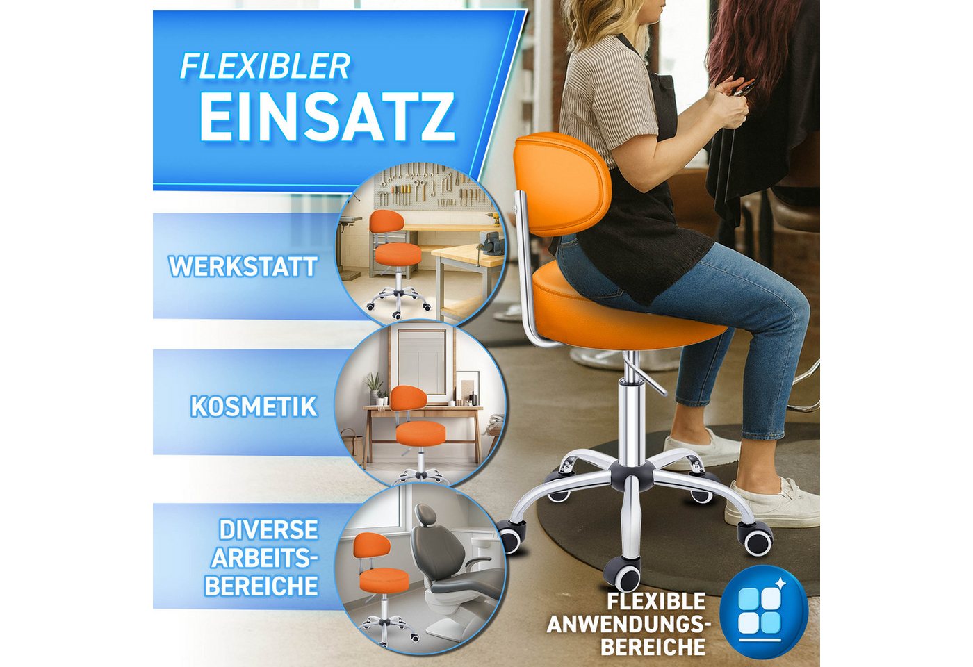 TRESKO Drehhocker Rollhocker mit Lehne, Arbeitshocker höhenverstellbar 46-58 cm, Bürostuhl mit Rollen Hocker Drehstuhl Kosmetikhocker – Bild 4 von 5