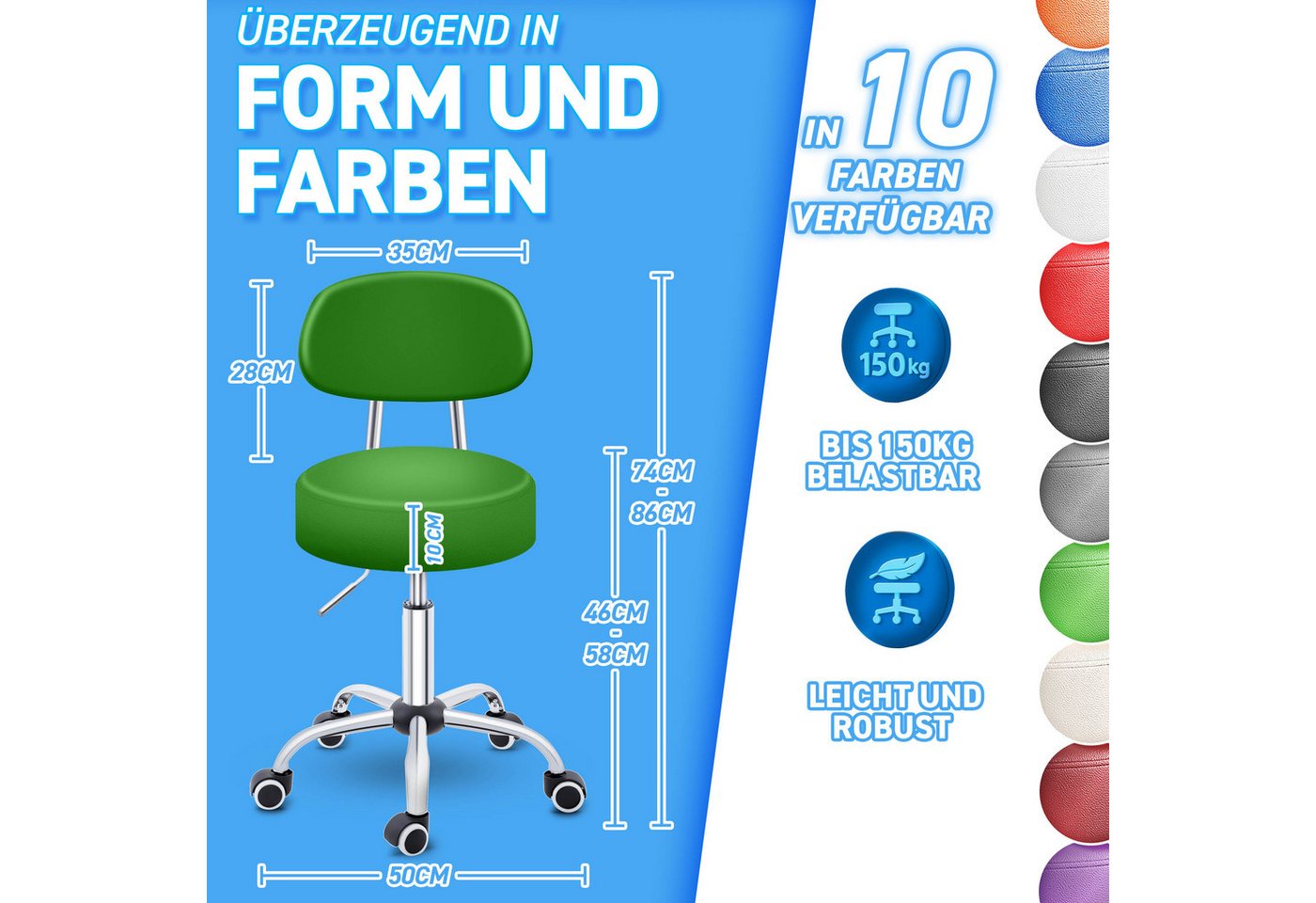 TRESKO Drehhocker Rollhocker mit Lehne, Arbeitshocker höhenverstellbar 46-58 cm, Bürostuhl mit Rollen Hocker Drehstuhl Kosmetikhocker – Bild 2 von 5