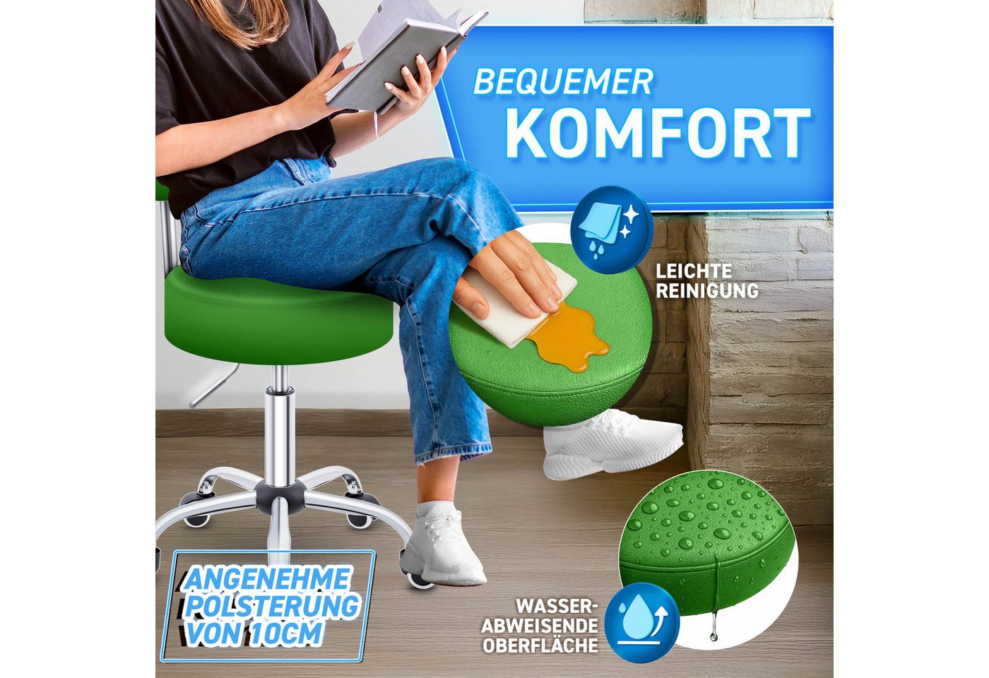 TRESKO Drehhocker Rollhocker mit Lehne, Arbeitshocker höhenverstellbar 46-58 cm, Bürostuhl mit Rollen Hocker Drehstuhl Kosmetikhocker – Bild 3 von 5