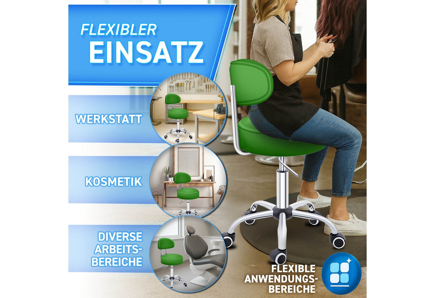 TRESKO Drehhocker Rollhocker mit Lehne, Arbeitshocker höhenverstellbar 46-58 cm, Bürostuhl mit Rollen Hocker Drehstuhl Kosmetikhocker – Bild 4 von 5