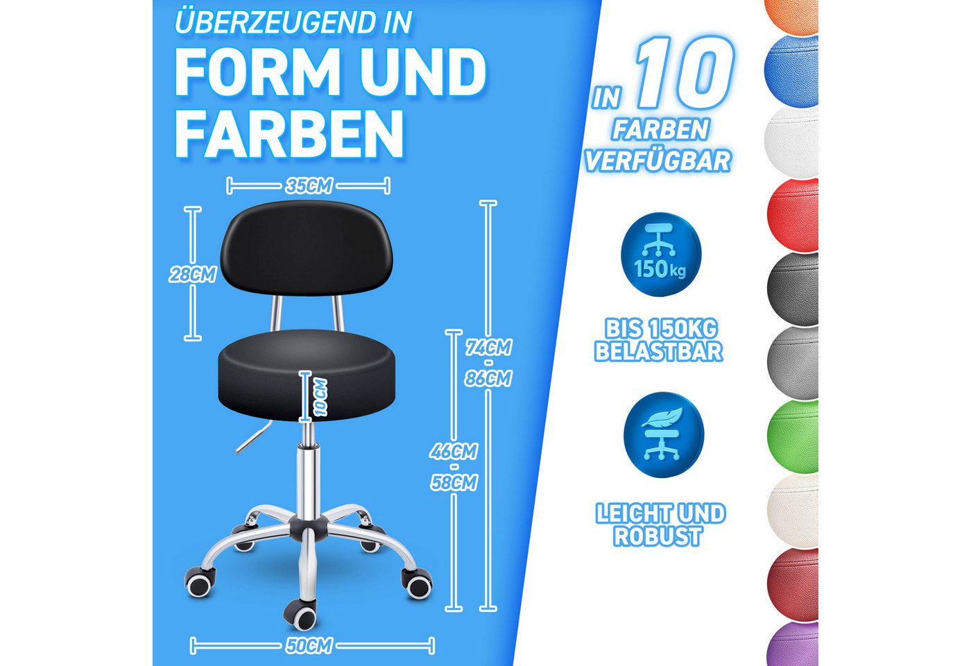 TRESKO Drehhocker Rollhocker mit Lehne, Arbeitshocker höhenverstellbar 46-58 cm, Bürostuhl mit Rollen Hocker Drehstuhl Kosmetikhocker – Bild 2 von 5