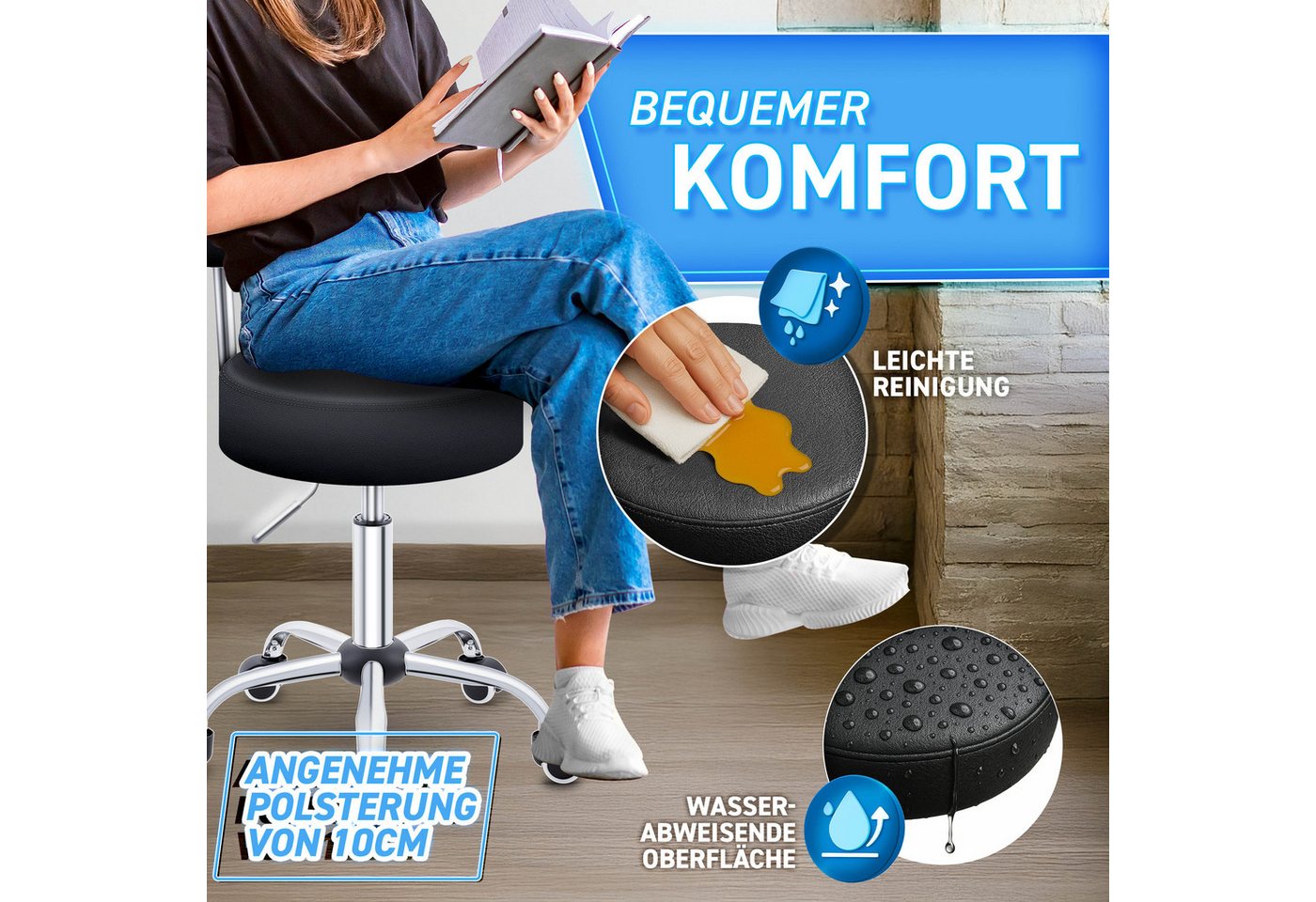 TRESKO Drehhocker Rollhocker mit Lehne, Arbeitshocker höhenverstellbar 46-58 cm, Bürostuhl mit Rollen Hocker Drehstuhl Kosmetikhocker – Bild 3 von 5