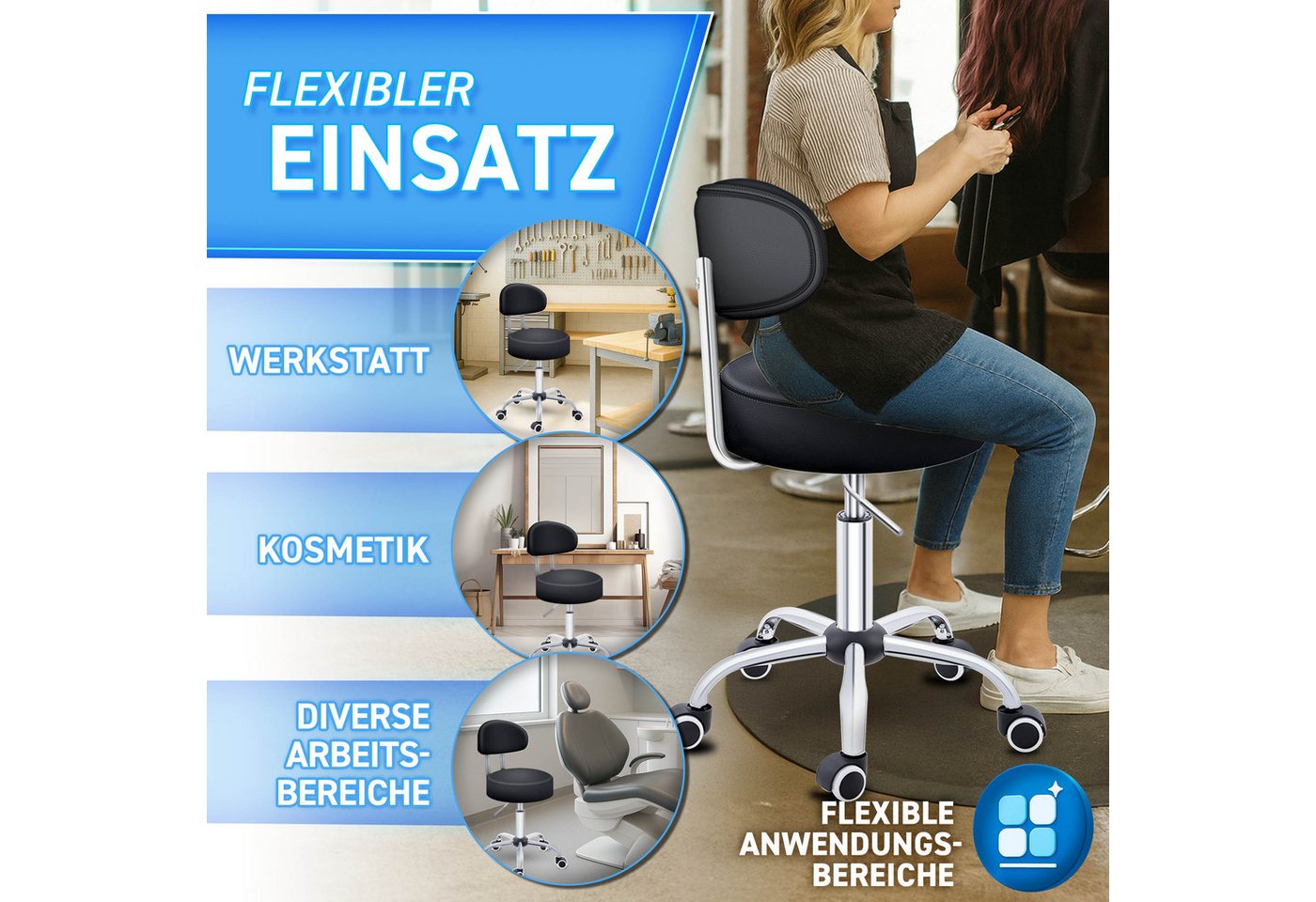 TRESKO Drehhocker Rollhocker mit Lehne, Arbeitshocker höhenverstellbar 46-58 cm, Bürostuhl mit Rollen Hocker Drehstuhl Kosmetikhocker – Bild 4 von 5
