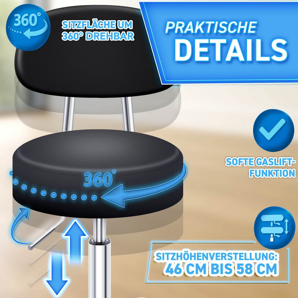 TRESKO Drehhocker Rollhocker mit Lehne, Arbeitshocker höhenverstellbar 46-58 cm, Bürostuhl mit Rollen Hocker Drehstuhl Kosmetikhocker – Bild 5 von 5
