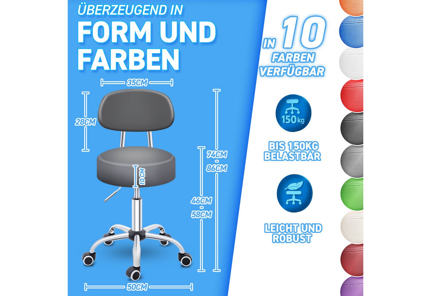 TRESKO Drehhocker Rollhocker mit Lehne, Arbeitshocker höhenverstellbar 46-58 cm, Bürostuhl mit Rollen Hocker Drehstuhl Kosmetikhocker – Bild 2 von 5