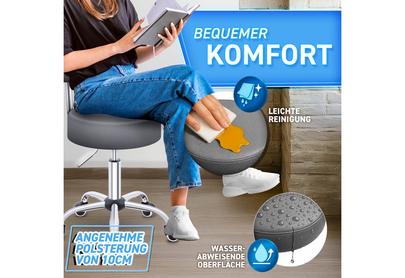 TRESKO Drehhocker Rollhocker mit Lehne, Arbeitshocker höhenverstellbar 46-58 cm, Bürostuhl mit Rollen Hocker Drehstuhl Kosmetikhocker – Bild 3 von 5
