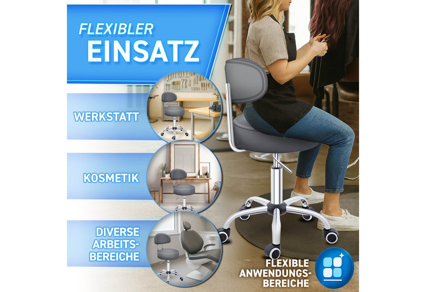 TRESKO Drehhocker Rollhocker mit Lehne, Arbeitshocker höhenverstellbar 46-58 cm, Bürostuhl mit Rollen Hocker Drehstuhl Kosmetikhocker – Bild 4 von 5