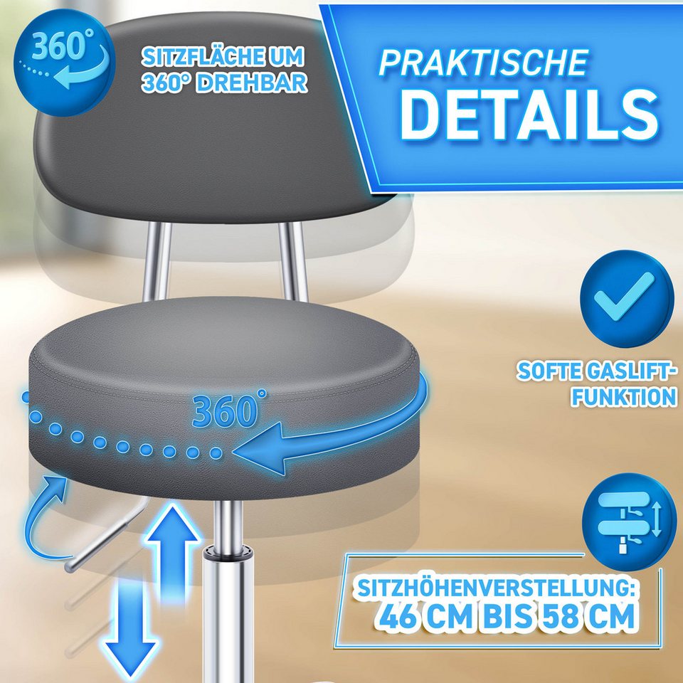 TRESKO Drehhocker Rollhocker mit Lehne, Arbeitshocker höhenverstellbar 46-58 cm, Bürostuhl mit Rollen Hocker Drehstuhl Kosmetikhocker – Bild 5 von 5