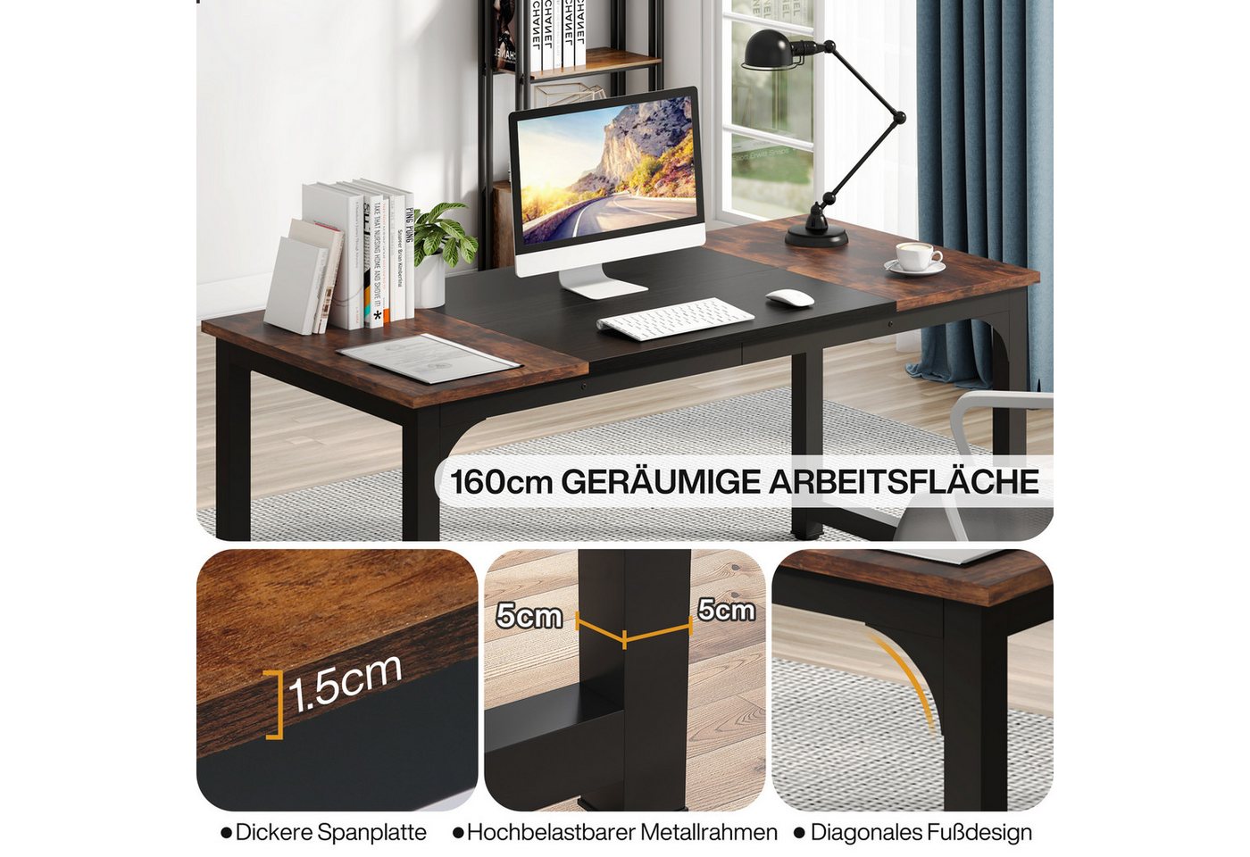 Tribesigns Arbeitstisch 160/180x80 cm, großer Industrial Computertisch für Homeoffice, Breite 160 cm,Breite 180 cm – Bild 2 von 5