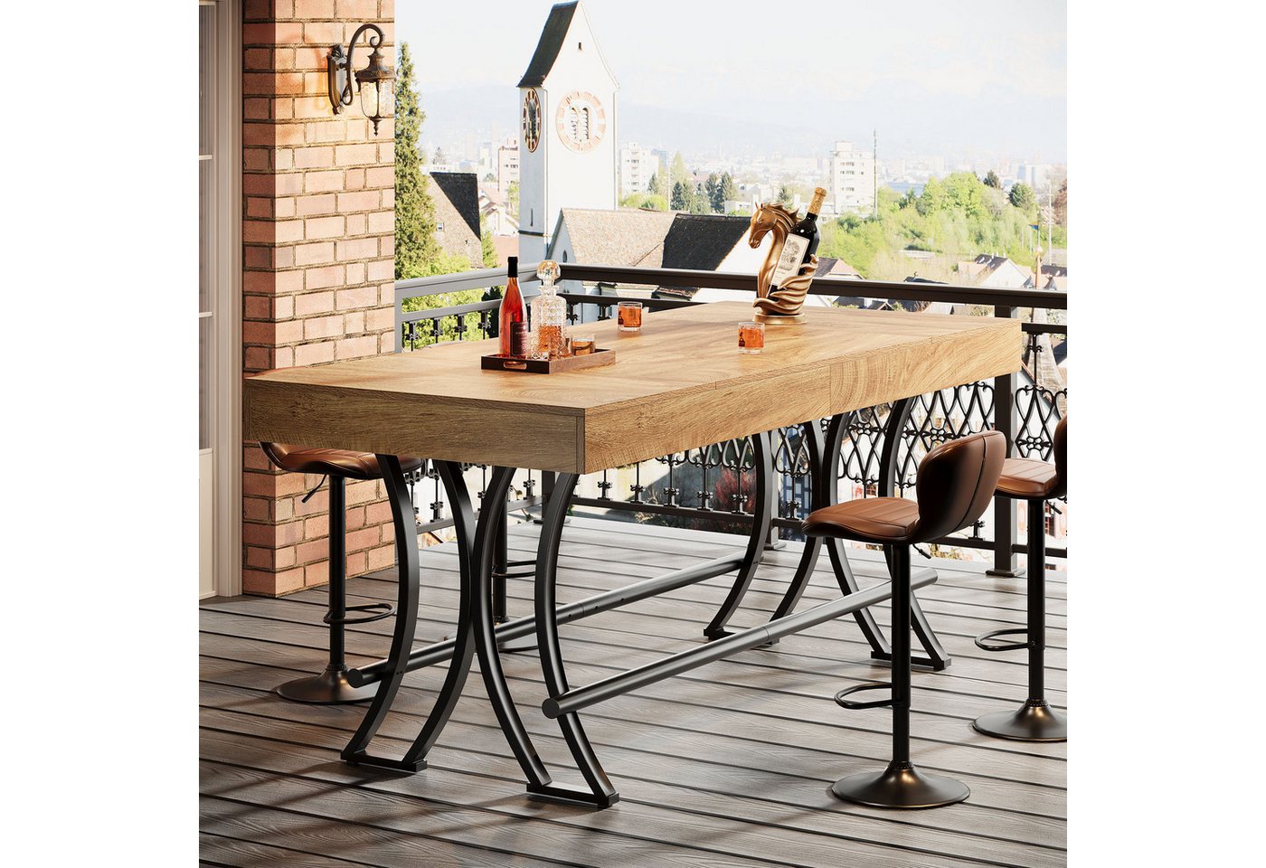 Tribesigns Bartisch Industrial Design, 160x70 x90 cm Esstisch Bartisch mit Fußraste Braun – Bild 3 von 5