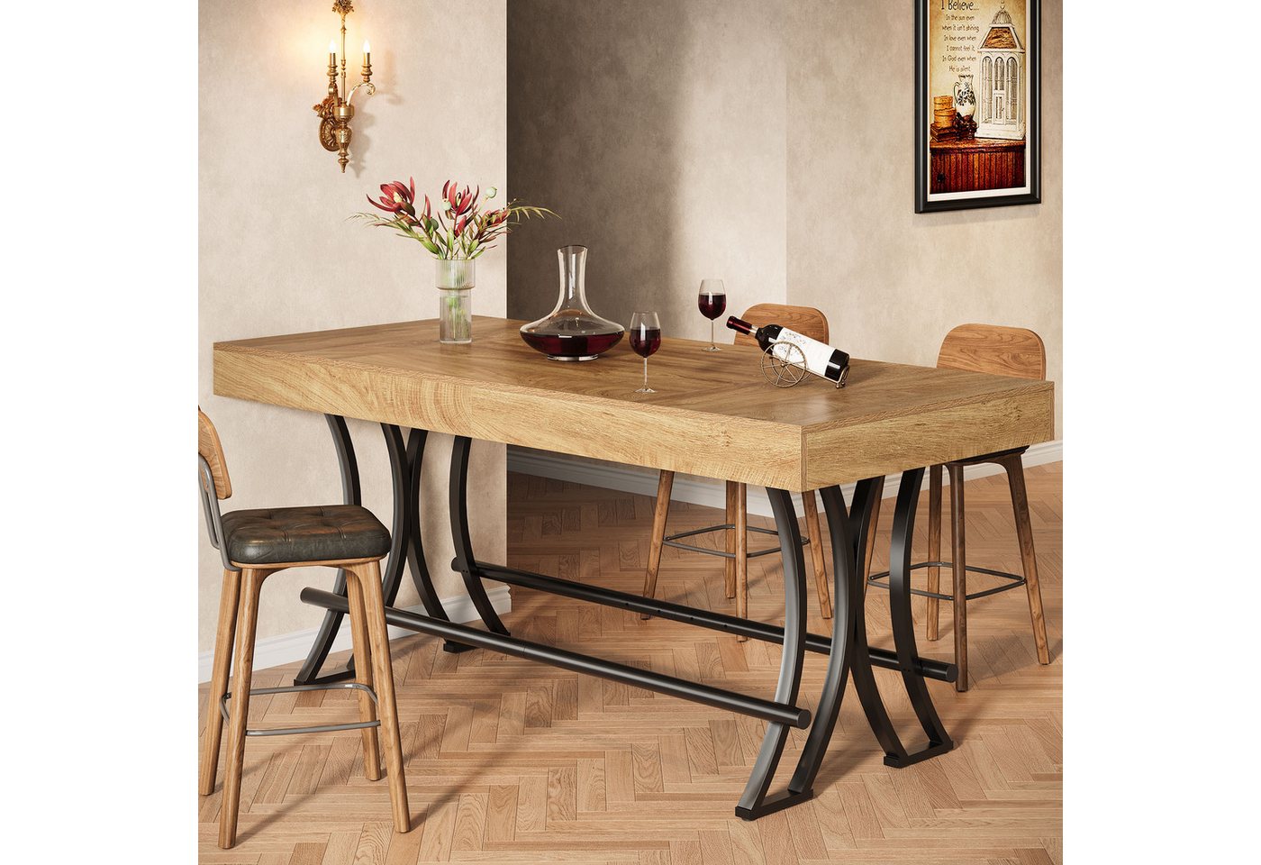 Tribesigns Bartisch Industrial Design, 160x70 x90 cm Esstisch Bartisch mit Fußraste Braun – Bild 4 von 5