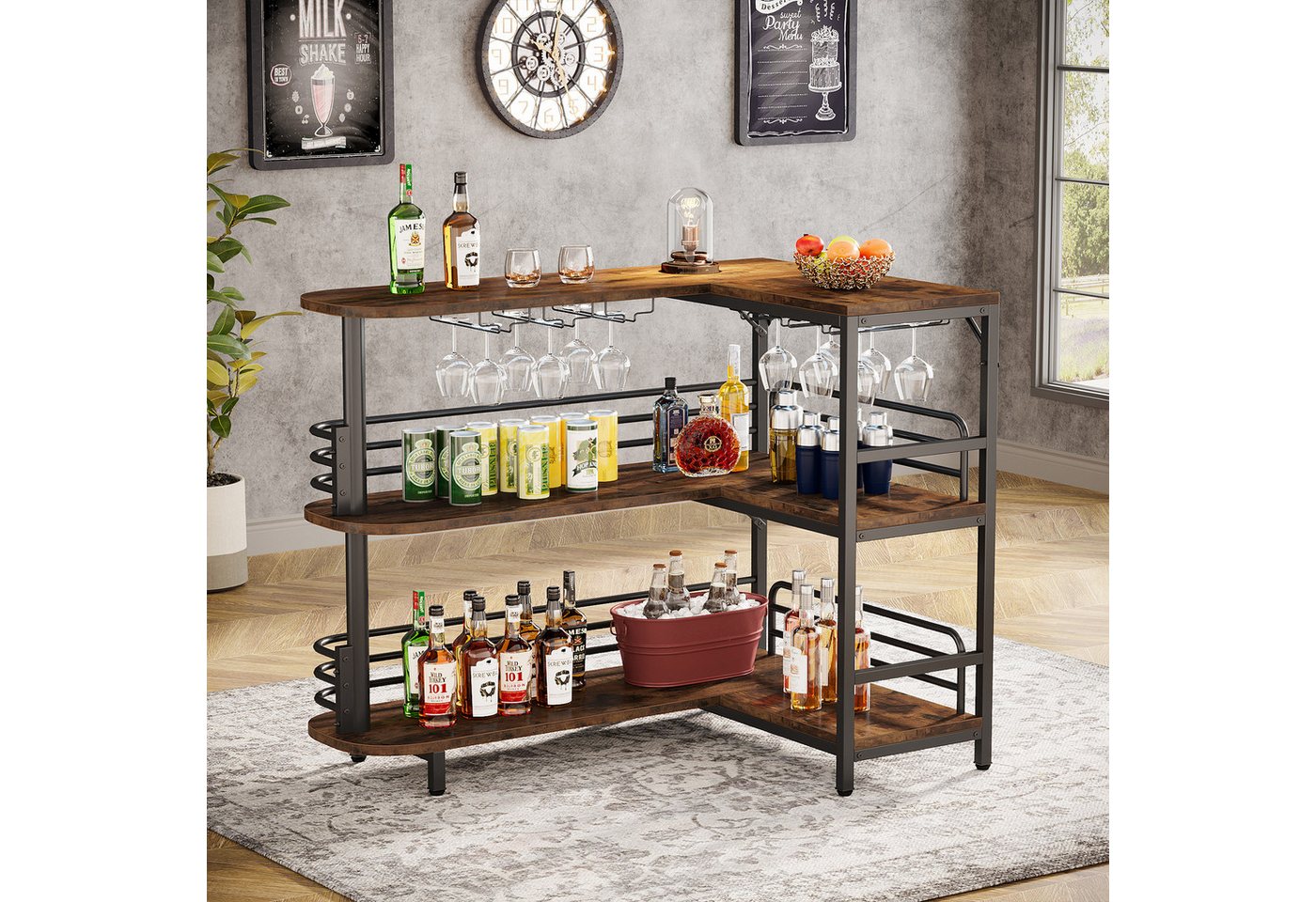 Tribesigns Bartisch L-förmige Bistrotisch, 3 Tier Bartisch mit Regal Weinregal (1 x Bartisch - 1 x Zubehörpaket - 1 x Anleitung), Industrielle Ecke Küchentisch  – Bild 2 von 5