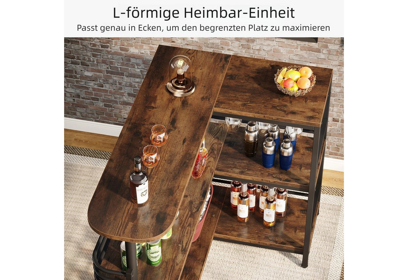 Tribesigns Bartisch L-förmige Bistrotisch, 3 Tier Bartisch mit Regal Weinregal (1 x Bartisch - 1 x Zubehörpaket - 1 x Anleitung), Industrielle Ecke Küchentisch  – Bild 4 von 5