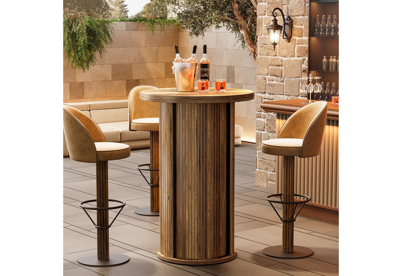Tribesigns Bartisch Runder Bartisch 90 cm, 3-stöckiger Bistrotisch Mit Schiebetüren – Bild 2 von 5