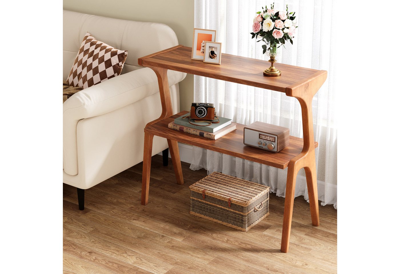 Tribesigns Beistelltisch 2-tier Sofatisch mit Massivholzbeinen, Beistelltisch mit Ablagefläche (1 x Beistelltisch - 1 x Zubehörpaket - 1 x Anleitung), schlanker – Bild 2 von 5