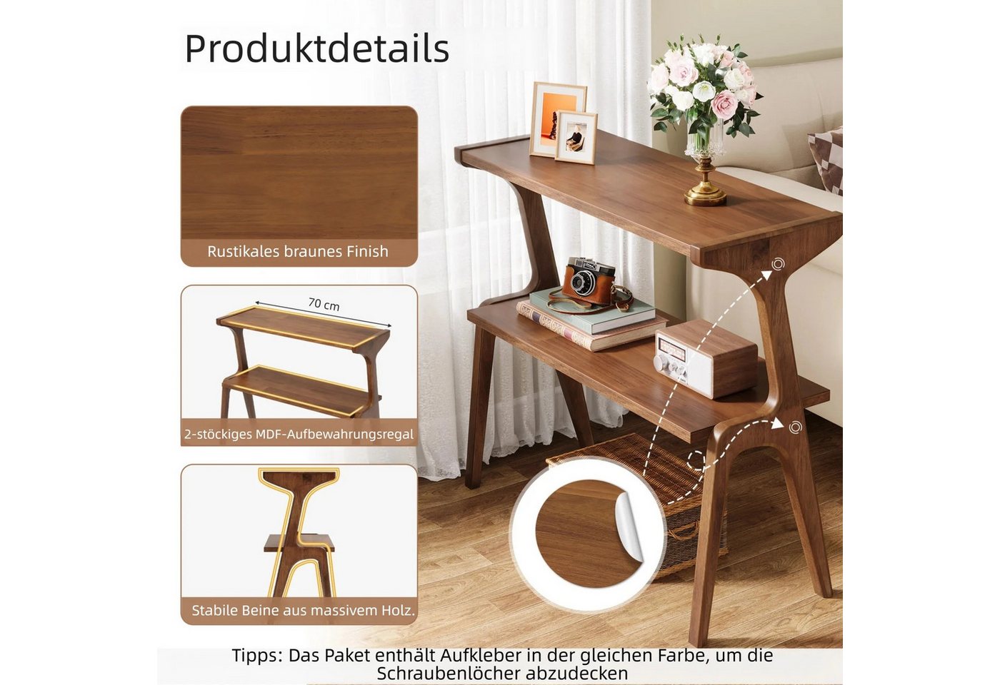 Tribesigns Beistelltisch 2-tier Sofatisch mit Massivholzbeinen, Beistelltisch mit Ablagefläche (1 x Beistelltisch - 1 x Zubehörpaket - 1 x Anleitung), schlanker – Bild 3 von 5