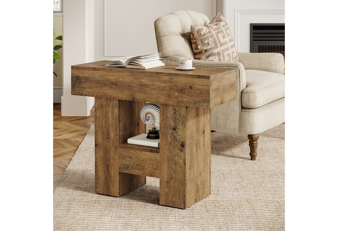 Tribesigns Beistelltisch Couchtisch mit 2 Ablagen, Sofatisch Schmaler Nachttisch Holz, Braun – Bild 3 von 5