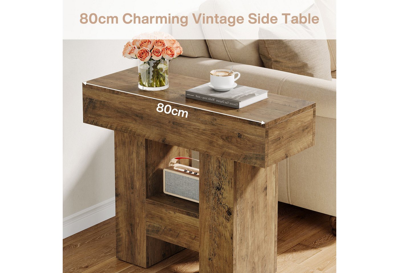 Tribesigns Beistelltisch Couchtisch mit 2 Ablagen, Sofatisch Schmaler Nachttisch Holz, Braun – Bild 5 von 5