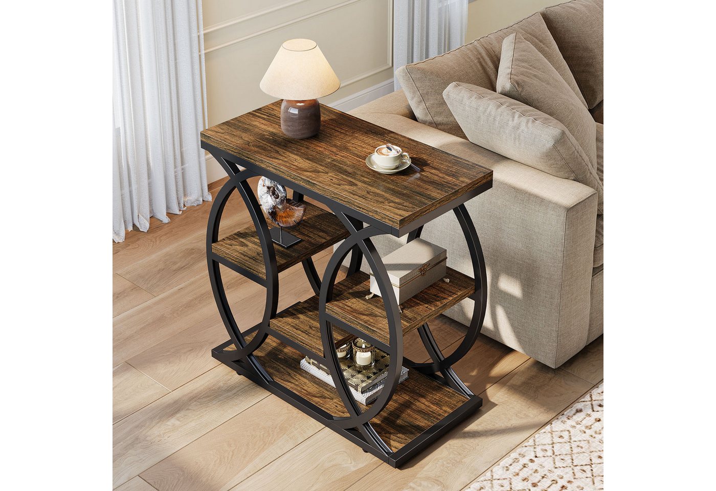 Tribesigns Beistelltisch mit 4 Ablagen, schmaler Nachttisch mit Stauraum, Industrial Couchtisch (1 x Beistelltisch - 1 x Zubehörpaket - 1 x Anleitung), Sofatisc – Bild 4 von 5