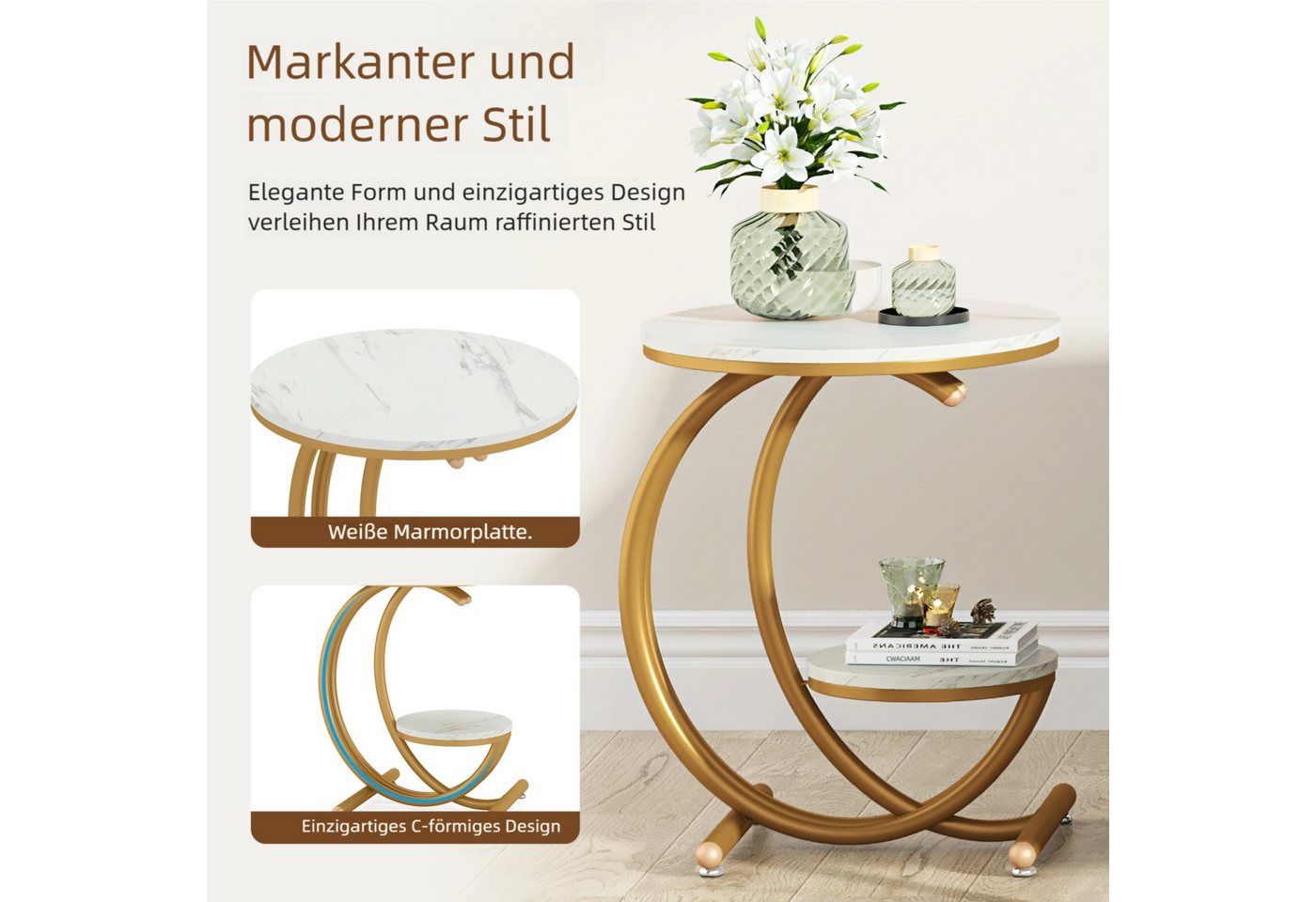 Tribesigns Beistelltisch Beistelltisch, 2-stöckiger Beistelltisch mit C-förmigem Rahmen (1 x Beistelltisch - 1 x Zubehörpaket - 1 x Anleitung), Metallbeinen für – Bild 4 von 5