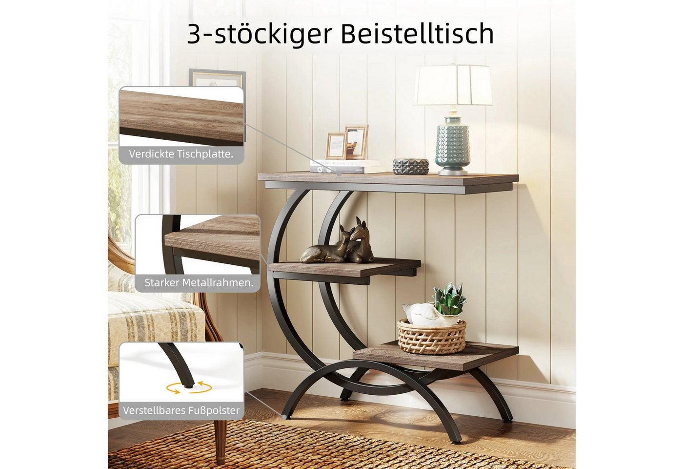 Tribesigns Beistelltisch schmaler Sofatisch mit 3 Ablagen, C-förmiger Couchtisch – Bild 5 von 5