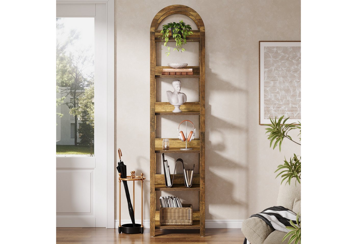 Tribesigns Bücherregal 180 cm Schmales Gewölbtes Standregal mit 6 Ebenen für kleine Räume – Bild 2 von 5