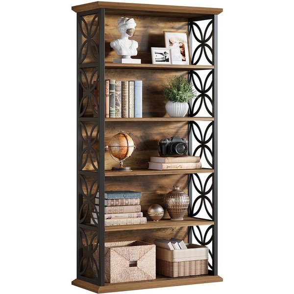 Tribesigns Bücherregal 180cm industrielles Standregal mit 6 Ebenen offene Aufbewahrungsregale, für Büro, Wohnzimmer, Arbeitszimmer, vintagebraun-tintenschwarz