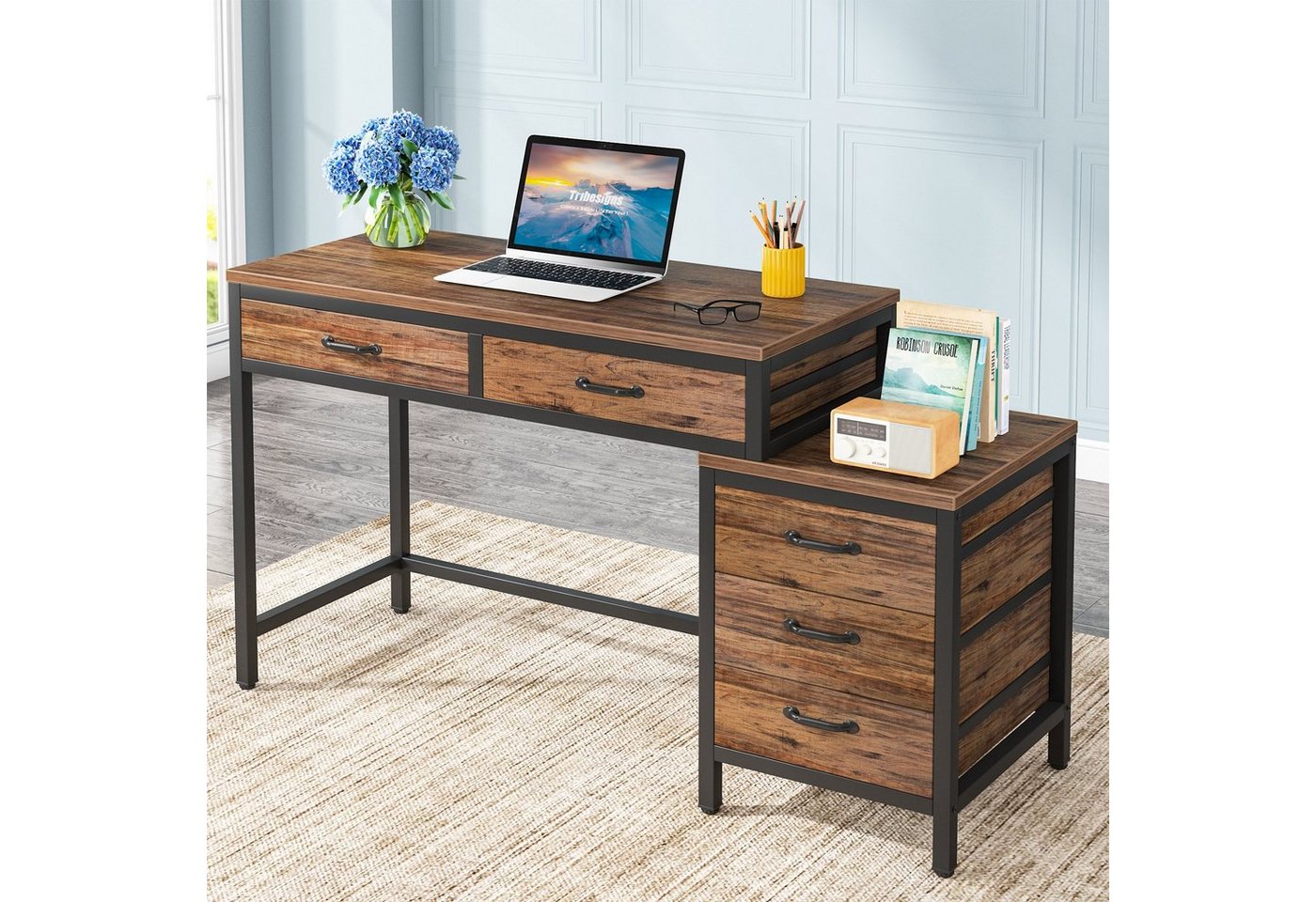 Tribesigns Computertisch mit 5 Schubladen, Home Office Schreibtische mit Schubladenschrank – Bild 2 von 5