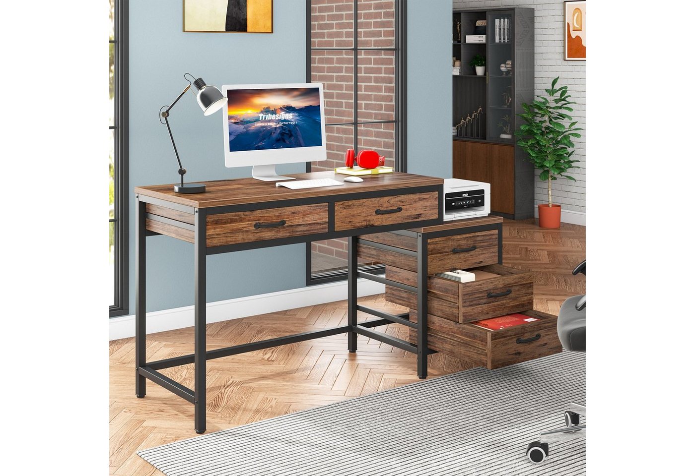 Tribesigns Computertisch mit 5 Schubladen, Home Office Schreibtische mit Schubladenschrank – Bild 4 von 5