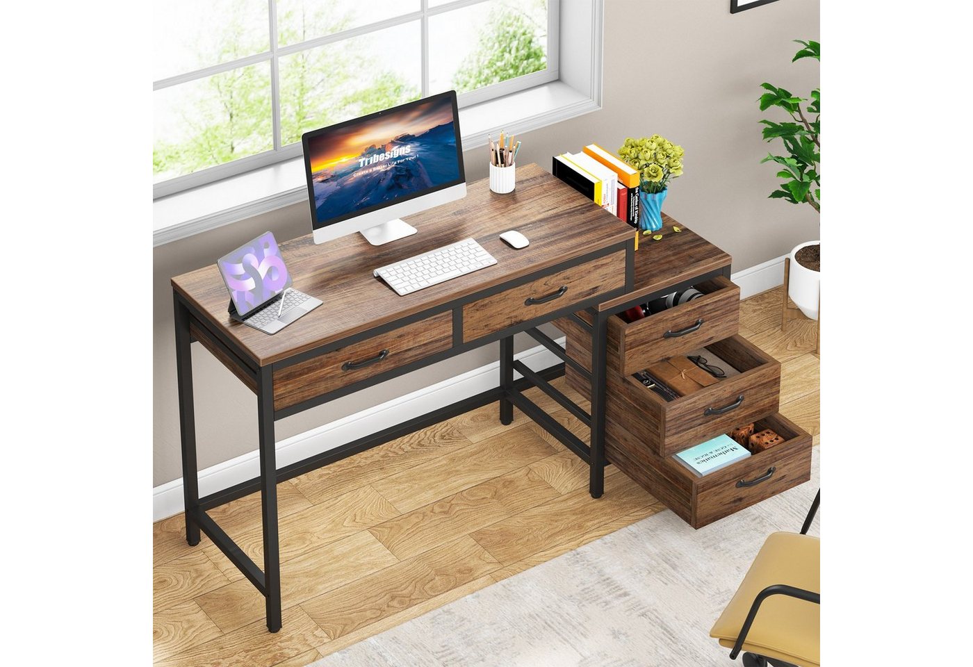Tribesigns Computertisch mit 5 Schubladen, Home Office Schreibtische mit Schubladenschrank – Bild 5 von 5