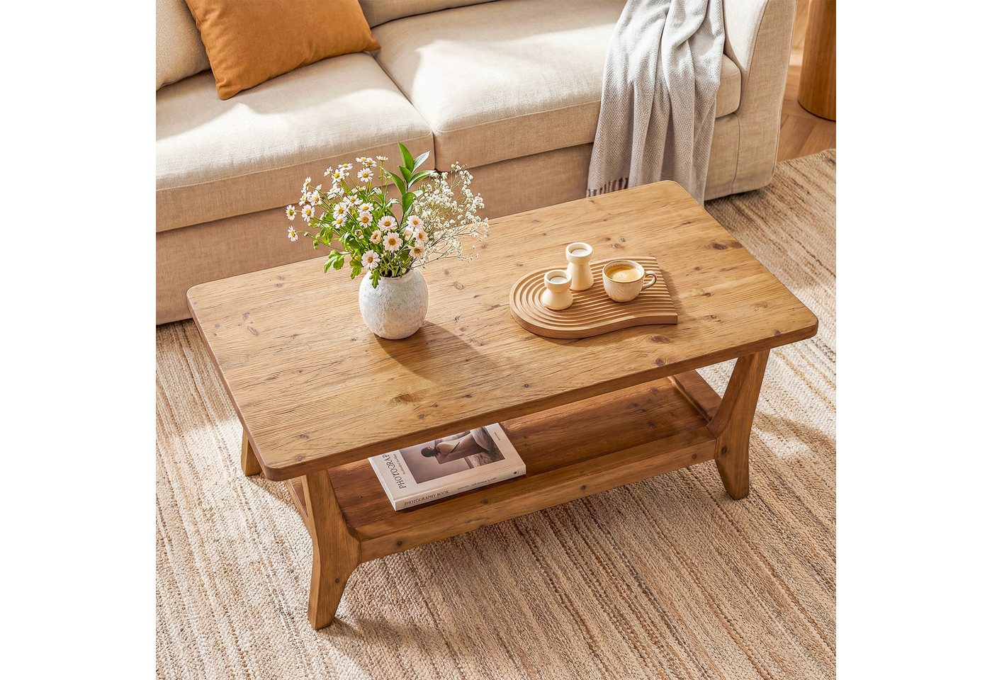 Tribesigns Couchtisch 120 cm Sofatisch, Wohnzimmertisch mit Ablagefläche, 2 Ebenen – Bild 2 von 5