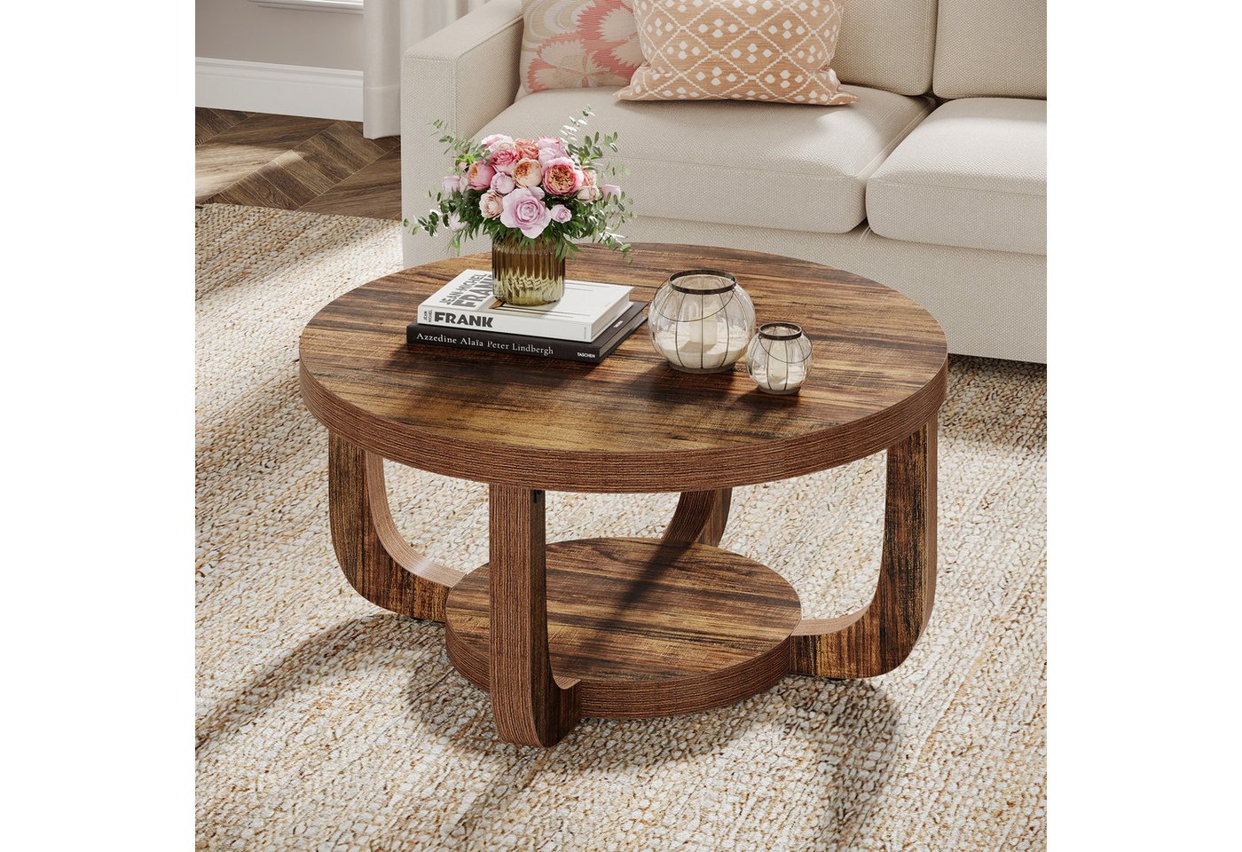 Tribesigns Couchtisch 2-stufiger runder Couchtisch mit Stauraum, Industrial Wohnzimmertisch – Bild 3 von 5