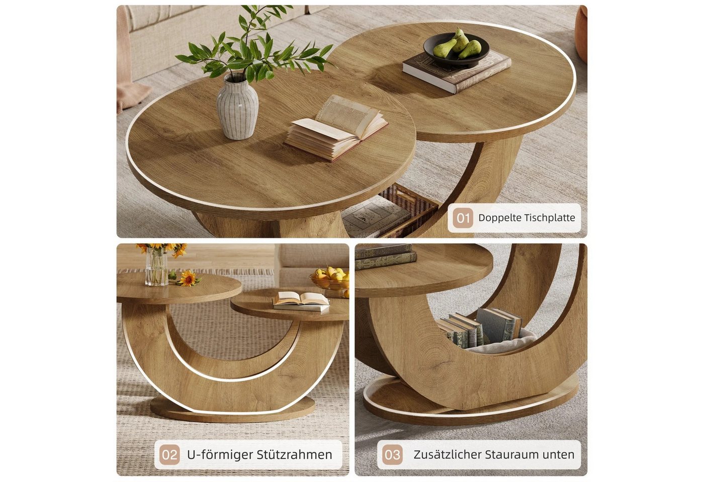 Tribesigns Couchtisch 2-Tier Runde Couchtisch mit U-förmigen Rahmen, Akzent Mitte Tisch – Bild 5 von 5