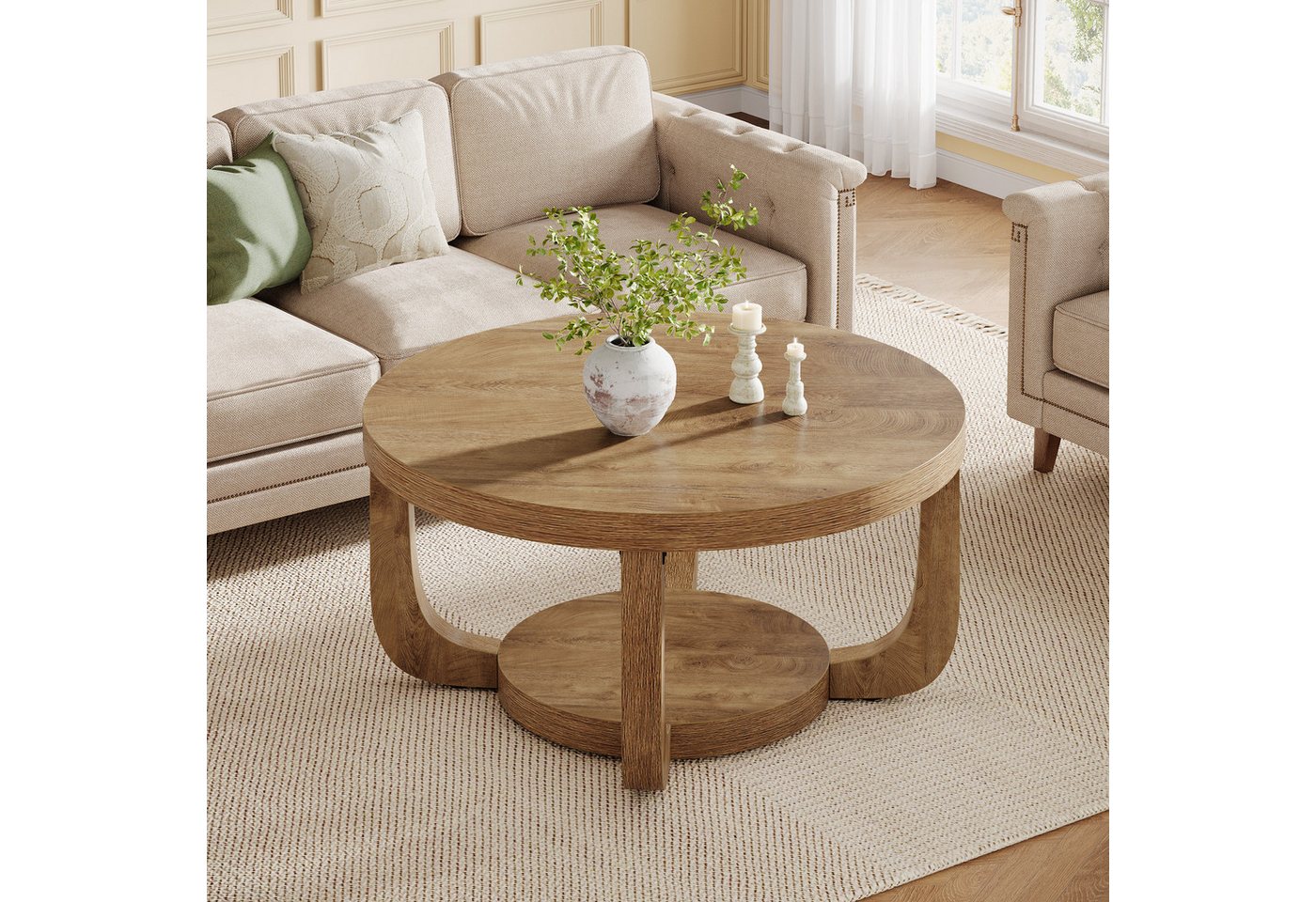 Tribesigns Couchtisch 80 cm runder Wohnzimmertisch, 2-stöckiger beistelltisch mit Stauraum – Bild 2 von 5