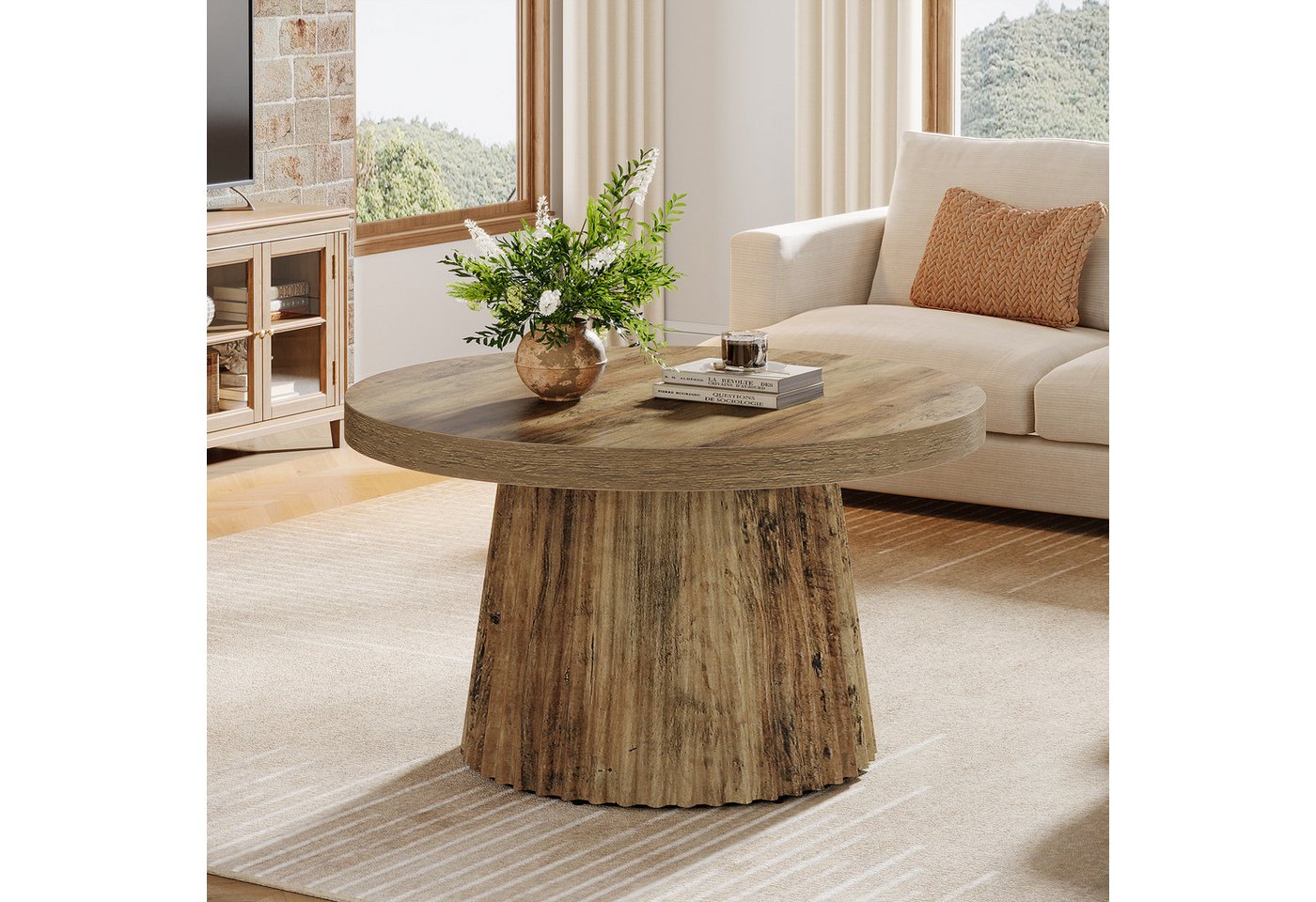 Tribesigns Couchtisch 80 cm Runder Wohnzimmertisch mit Trommel Basis und Holzoptik – Braun – Bild 2 von 5