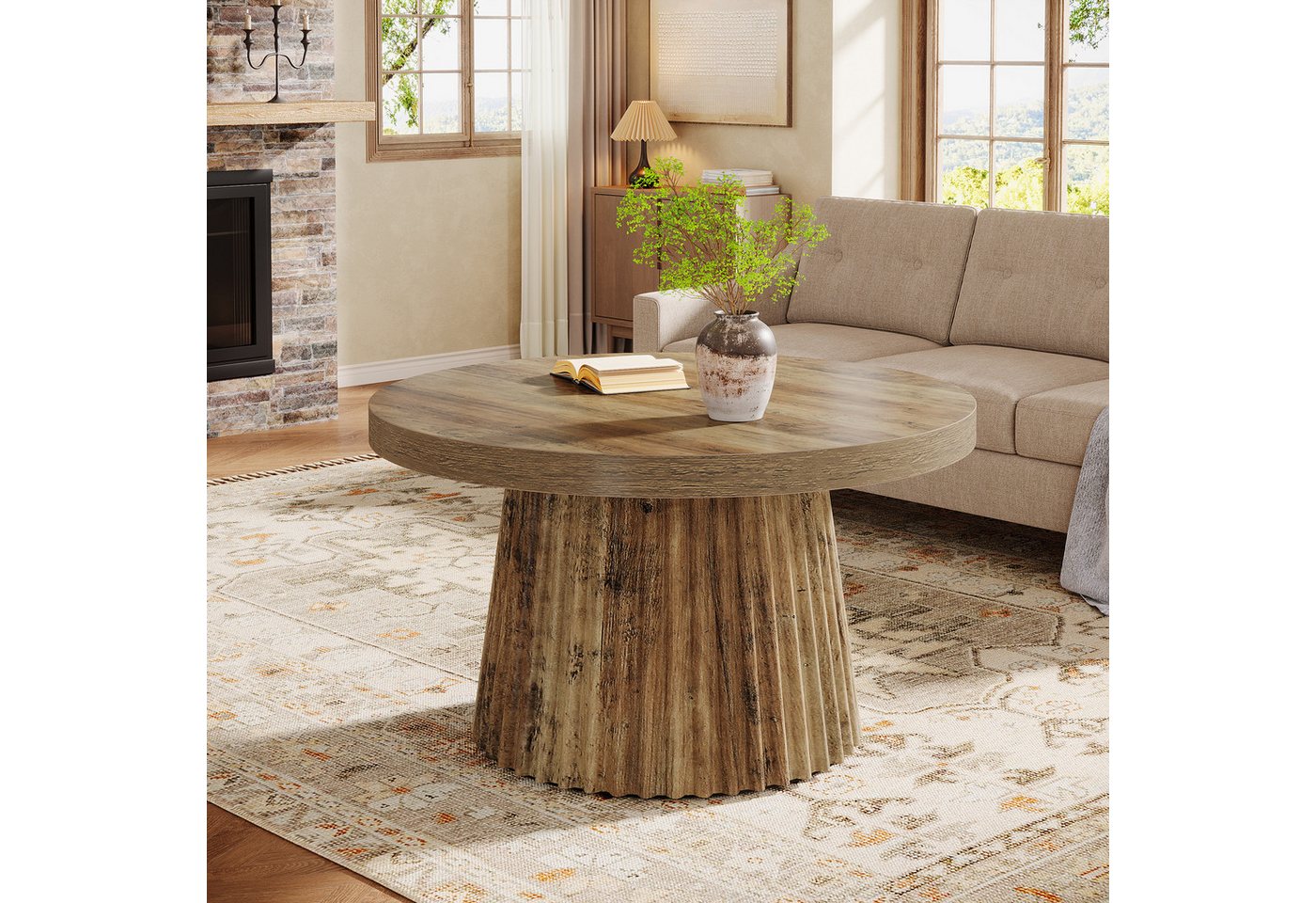 Tribesigns Couchtisch 80 cm Runder Wohnzimmertisch mit Trommel Basis und Holzoptik – Braun – Bild 3 von 5