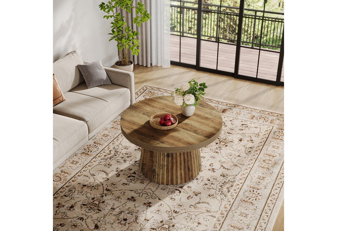 Tribesigns Couchtisch 80 cm Runder Wohnzimmertisch mit Trommel Basis und Holzoptik – Braun – Bild 4 von 5