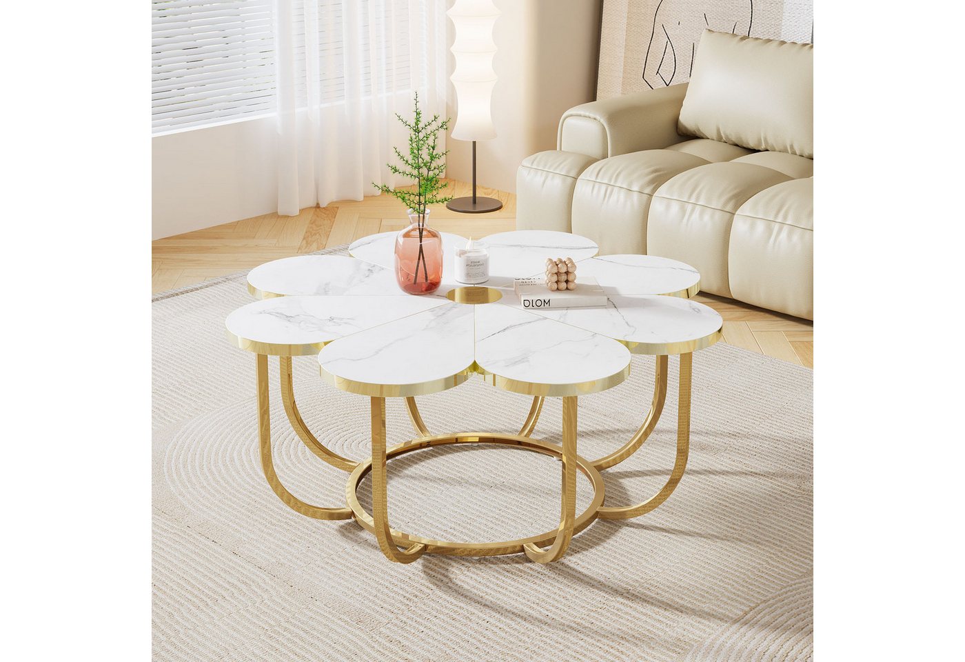 Tribesigns Couchtisch moderner Couchtisch in Blumenform mit Kunstmarmor-Tischplatte, 100 cm – Bild 2 von 5