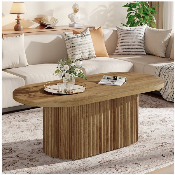 Tribesigns Couchtisch Ovaler Couchtisch, 120 cm langer Holztisch mit geriffeltem Design