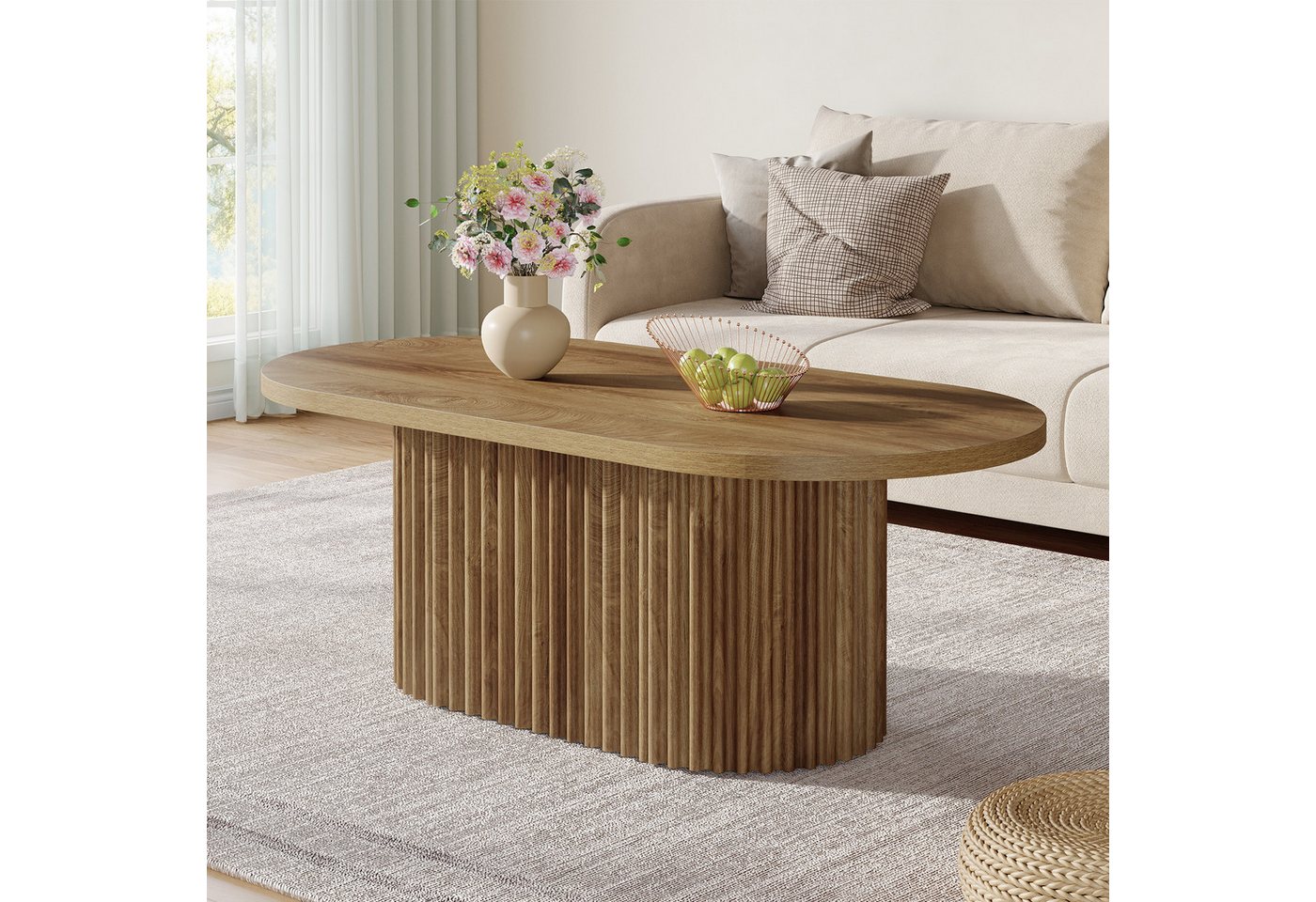 Tribesigns Couchtisch Ovaler Couchtisch, 120 cm langer Holztisch mit geriffeltem Design – Bild 2 von 5