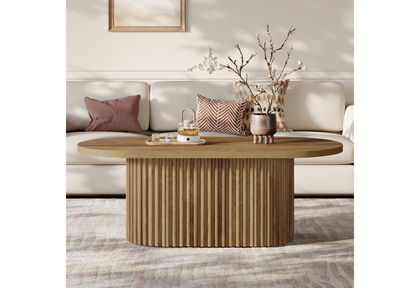 Tribesigns Couchtisch Ovaler Couchtisch, 120 cm langer Holztisch mit geriffeltem Design – Bild 3 von 5