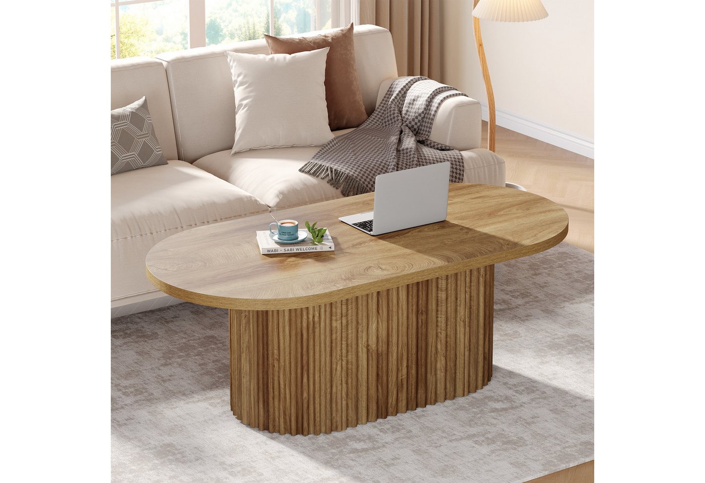 Tribesigns Couchtisch Ovaler Couchtisch, 120 cm langer Holztisch mit geriffeltem Design – Bild 4 von 5
