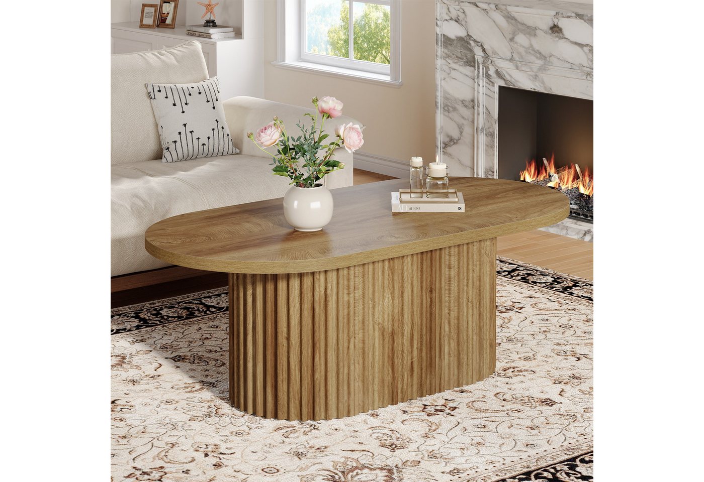 Tribesigns Couchtisch Ovaler Couchtisch, 120 cm langer Holztisch mit geriffeltem Design – Bild 5 von 5