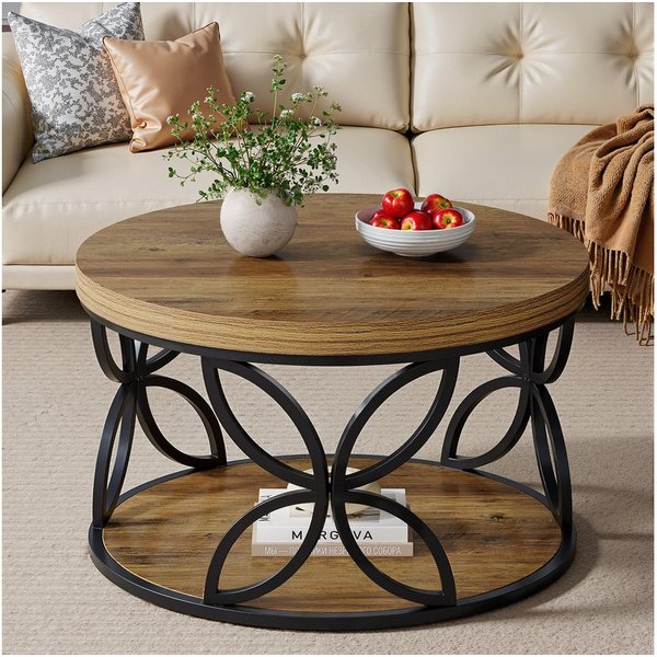 Tribesigns Couchtisch Rund 80 cm mit Stauraum, 2 Ebenen Wohnzimmertisch im Landhausstil (Runder Couchtisch mit Ablage), Sofatisch Holz Metall für Wohnzimmer, Bü