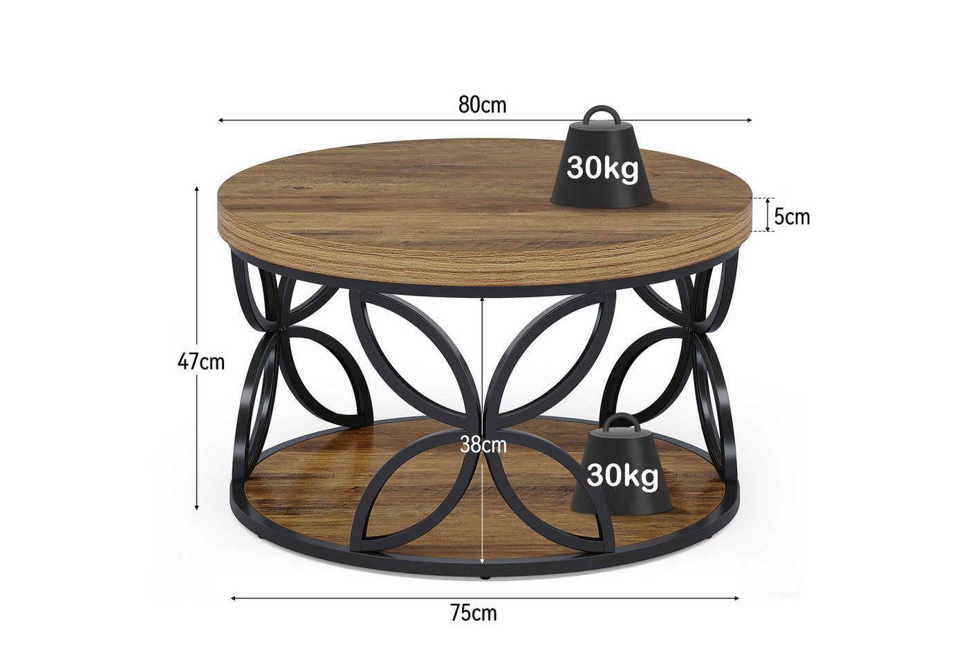 Tribesigns Couchtisch Rund 80 cm mit Stauraum, 2 Ebenen Wohnzimmertisch im Landhausstil (Runder Couchtisch mit Ablage), Sofatisch Holz Metall für Wohnzimmer, Bü – Bild 2 von 5