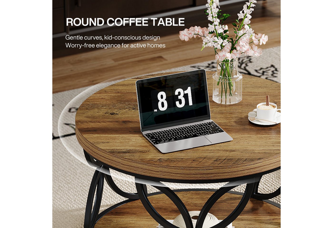 Tribesigns Couchtisch Rund 80 cm mit Stauraum, 2 Ebenen Wohnzimmertisch im Landhausstil (Runder Couchtisch mit Ablage), Sofatisch Holz Metall für Wohnzimmer, Bü – Bild 4 von 5
