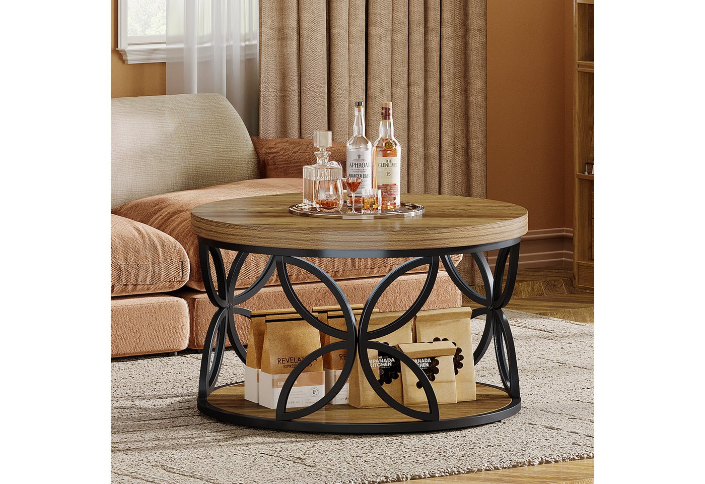 Tribesigns Couchtisch Rund 80 cm mit Stauraum, 2 Ebenen Wohnzimmertisch im Landhausstil (Runder Couchtisch mit Ablage), Sofatisch Holz Metall für Wohnzimmer, Bü – Bild 5 von 5