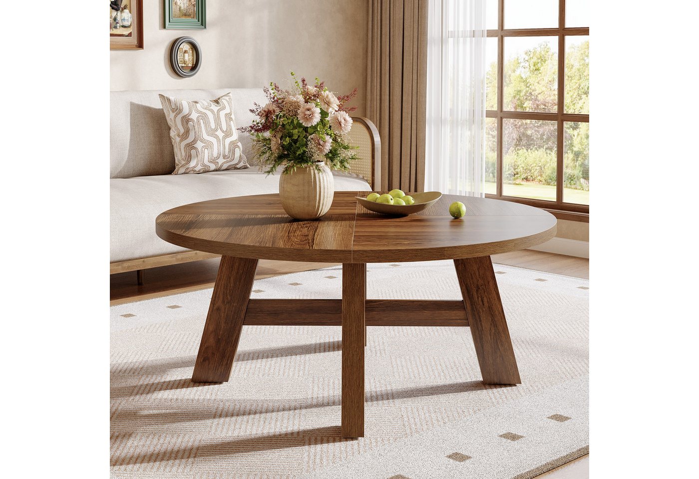 Tribesigns Couchtisch Runder, 100cm Wohnzimmertisch Mit Kreuzstrebe Holztisch für Wohnzimmer – Bild 2 von 5