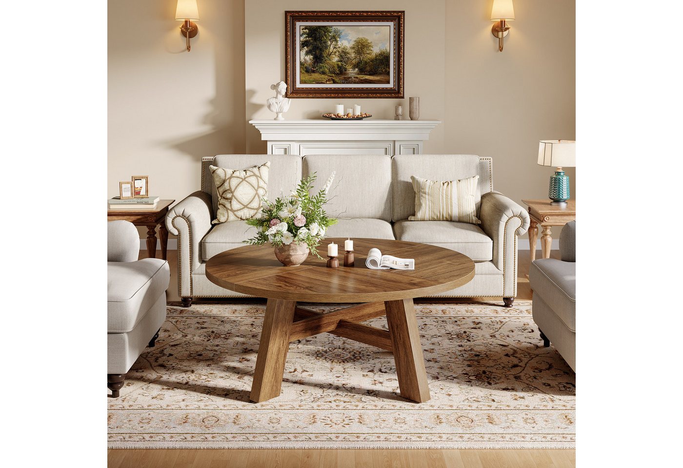 Tribesigns Couchtisch Runder, 100cm Wohnzimmertisch Mit Kreuzstrebe Holztisch für Wohnzimmer – Bild 3 von 5